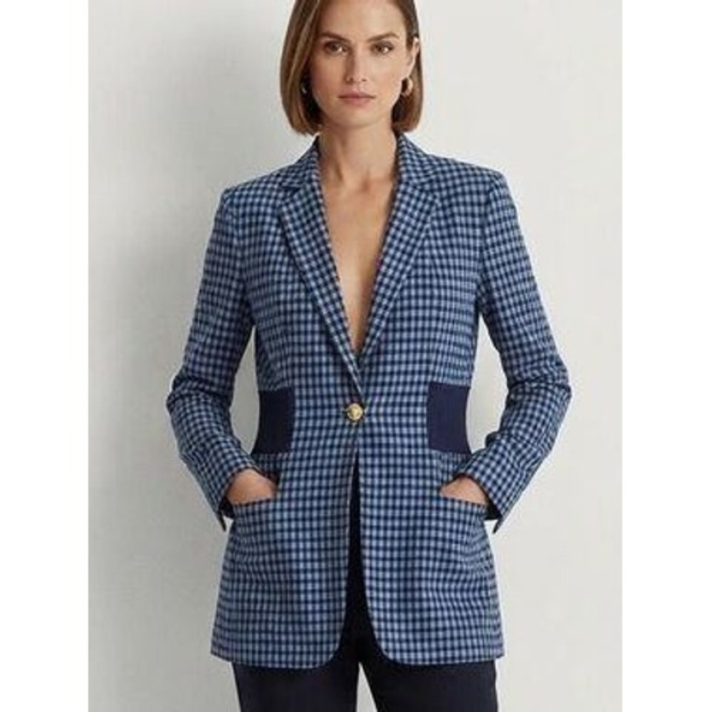 Cabi Women XXL Gingham Knit Blazer Blue Gold Button Career Dark Academia 5848